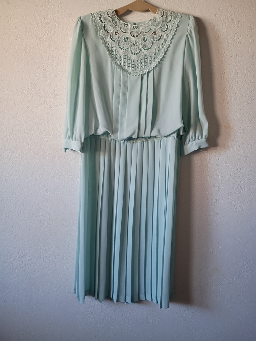 Pleated Mint Midi Dress with Lace Yoke